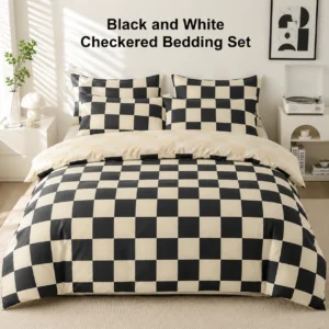 Black and Beige Checkered Duvet Cover 3-Piece Set